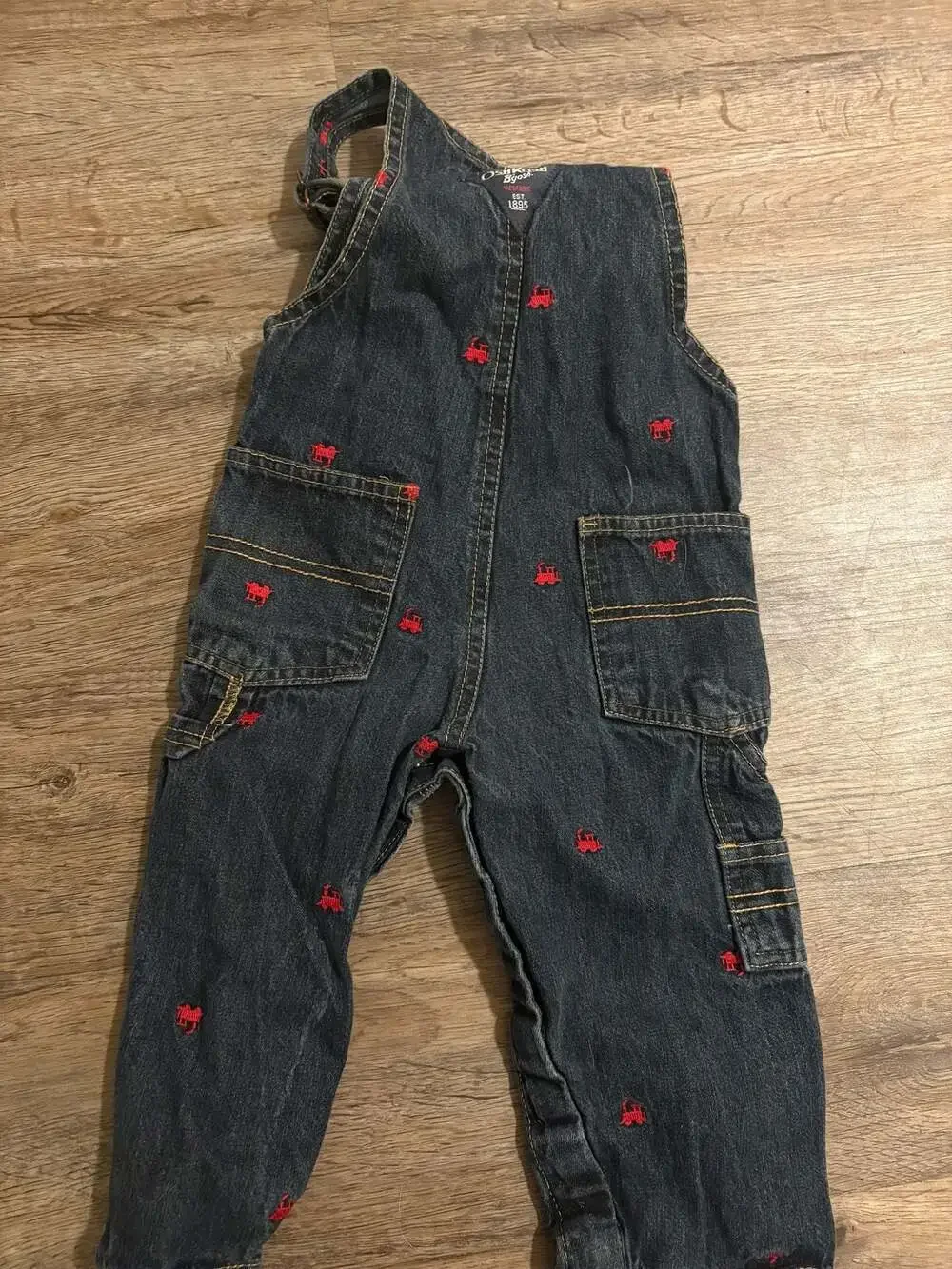 OshKosh Jean Overalls Embroidered Red Trains Size 18M Dark Denim